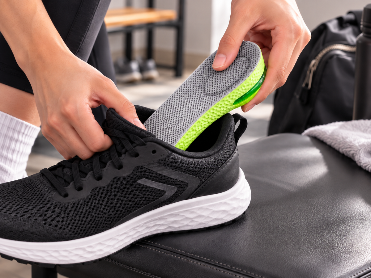Hands placing a blue and orange insole into an empty grey sneaker