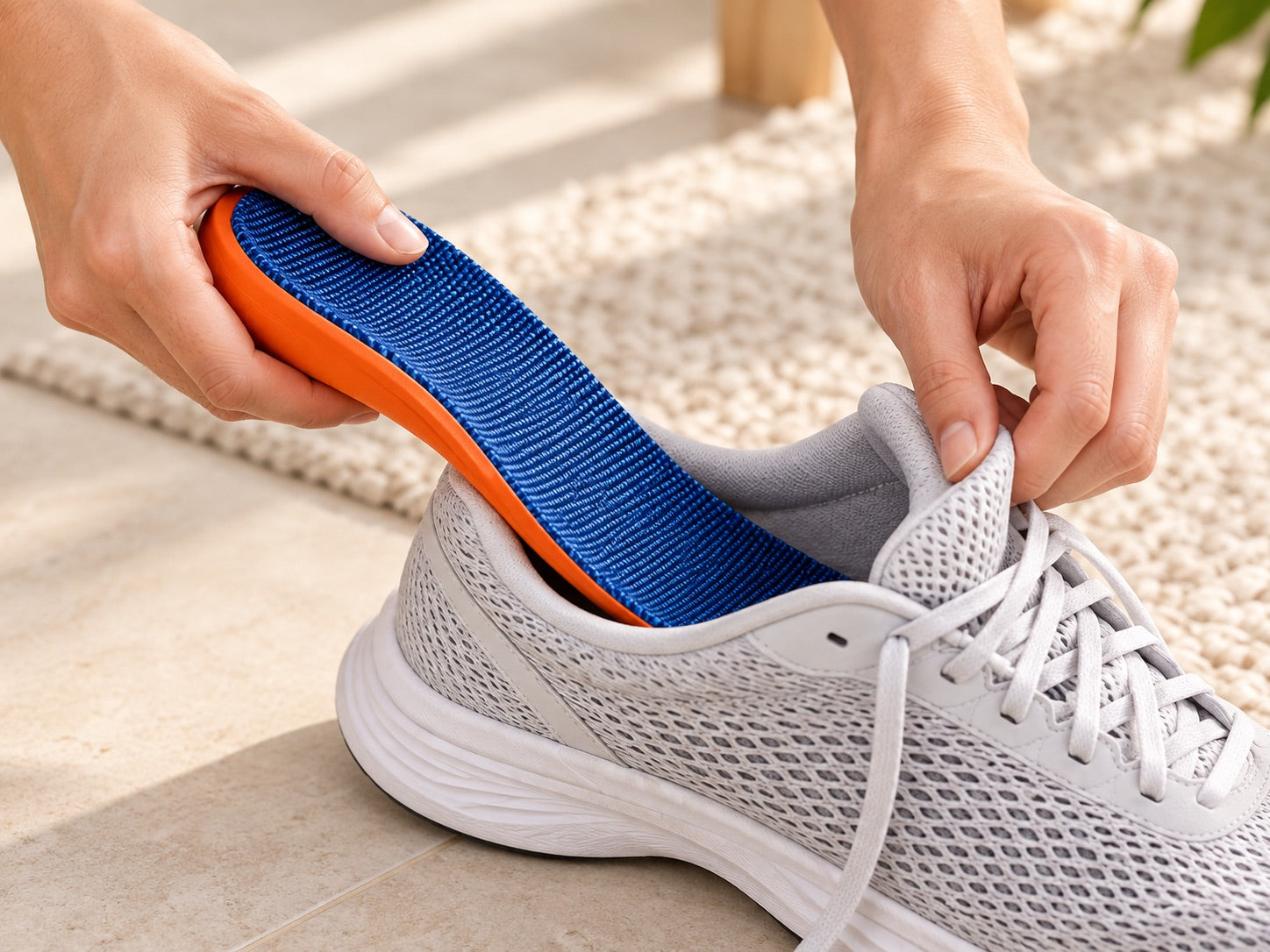 Hands placing a blue and orange insole into an empty grey sneaker