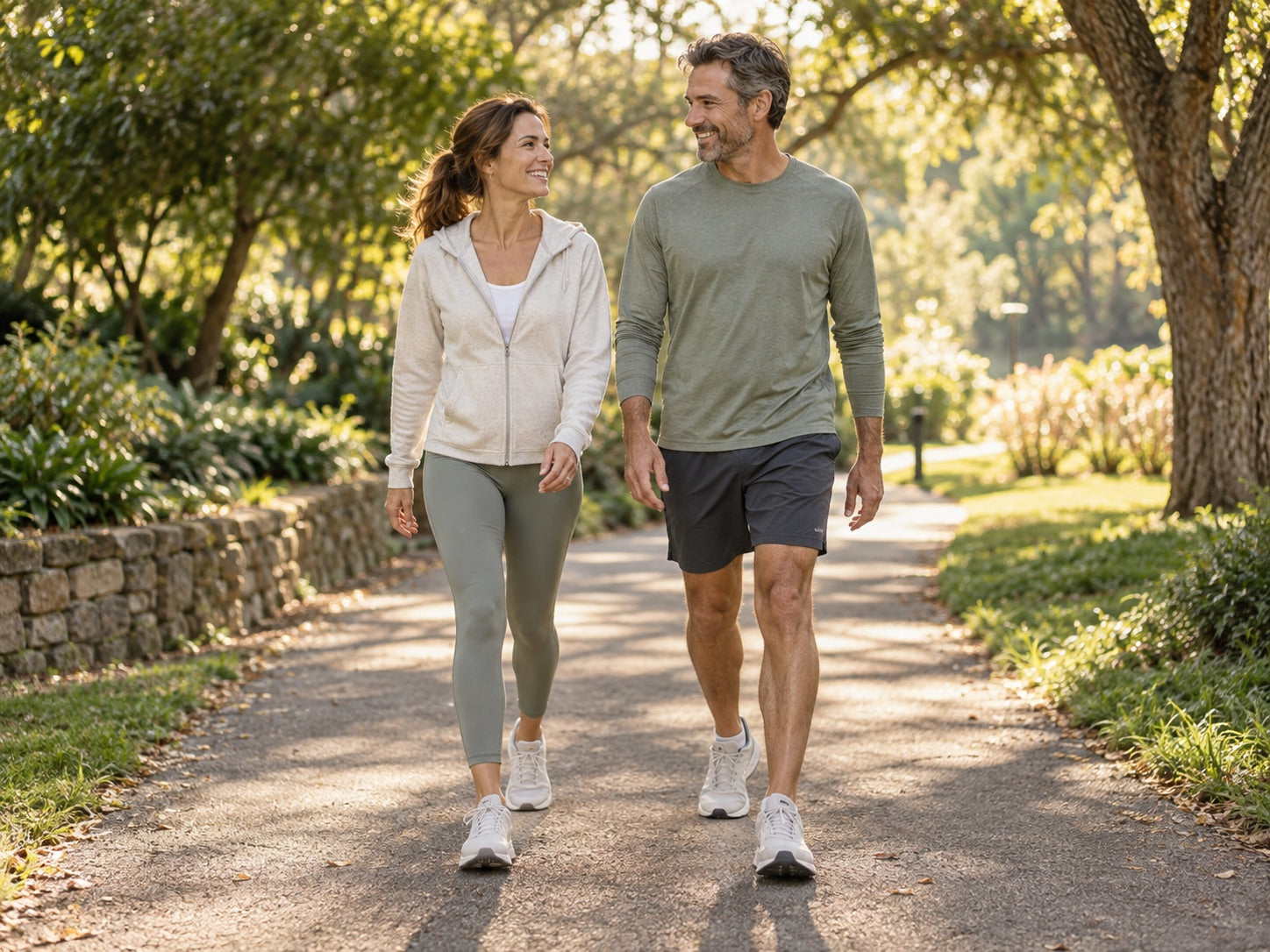 Illustrative lifestyle photo of a couple enjoying a relaxed walk in a park